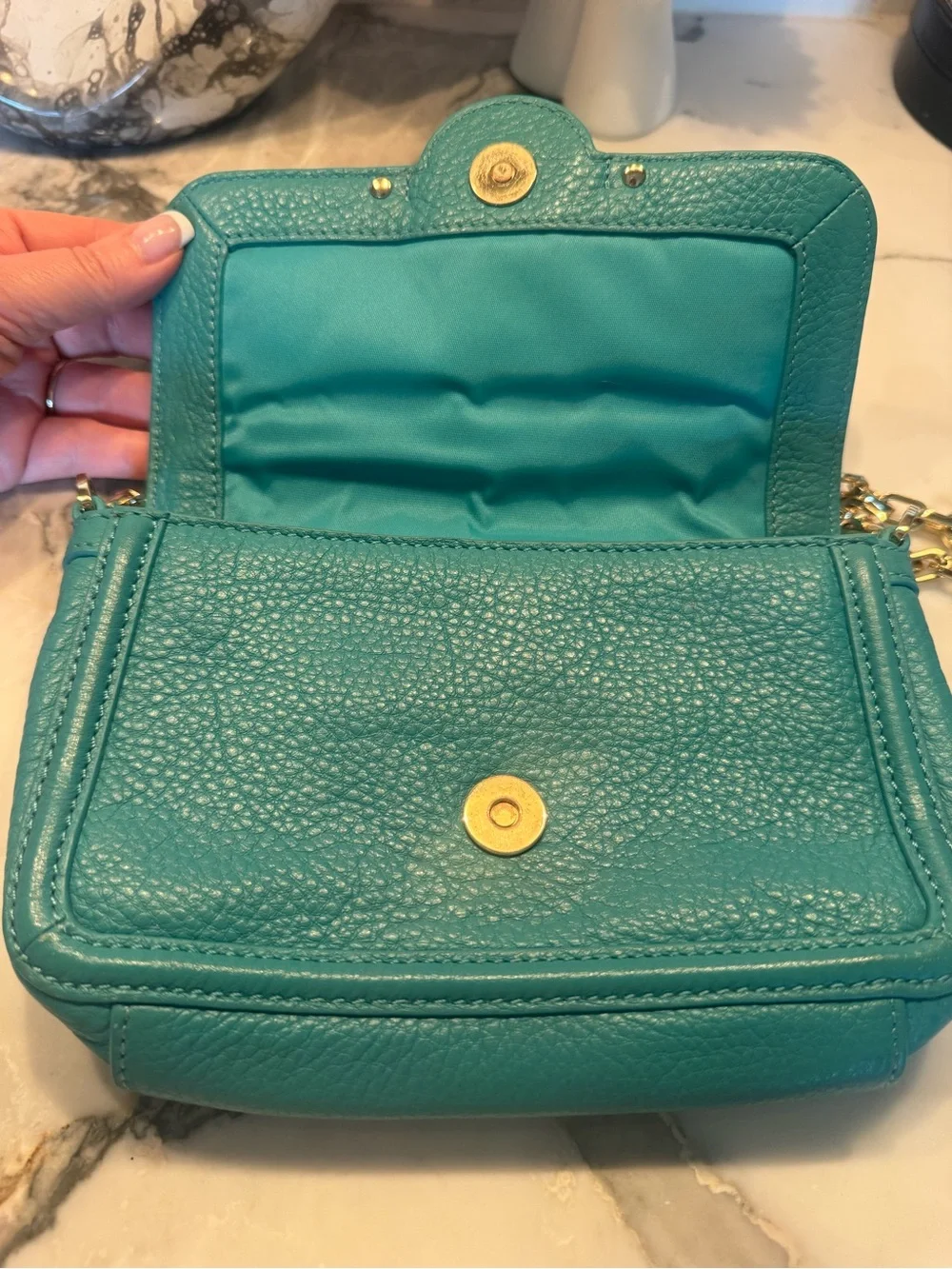 Tory Burch Turquoise Pebbled Leather Chain Strap Crossbody